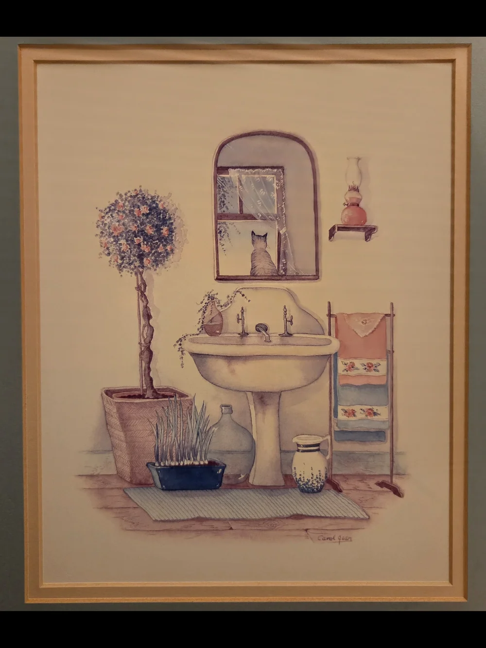 Vintage Carol Green Framed Bathroom Prints Set of 2 Cottagecore Farmhouse Art